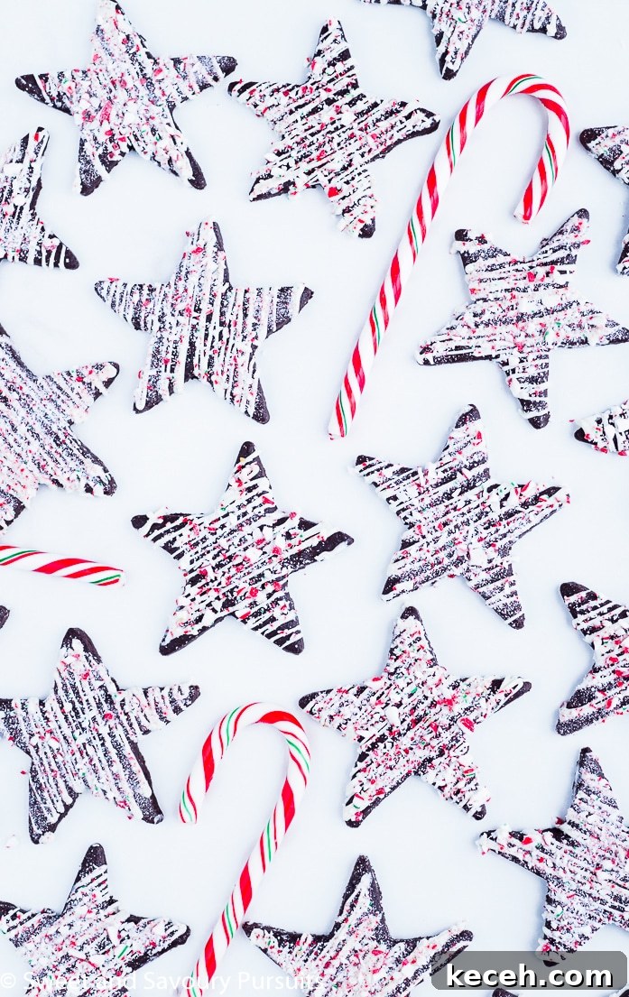 Chocolate Peppermint Sugar Cookies drizzled with white chocolate and spinkled with crushed candy canes.