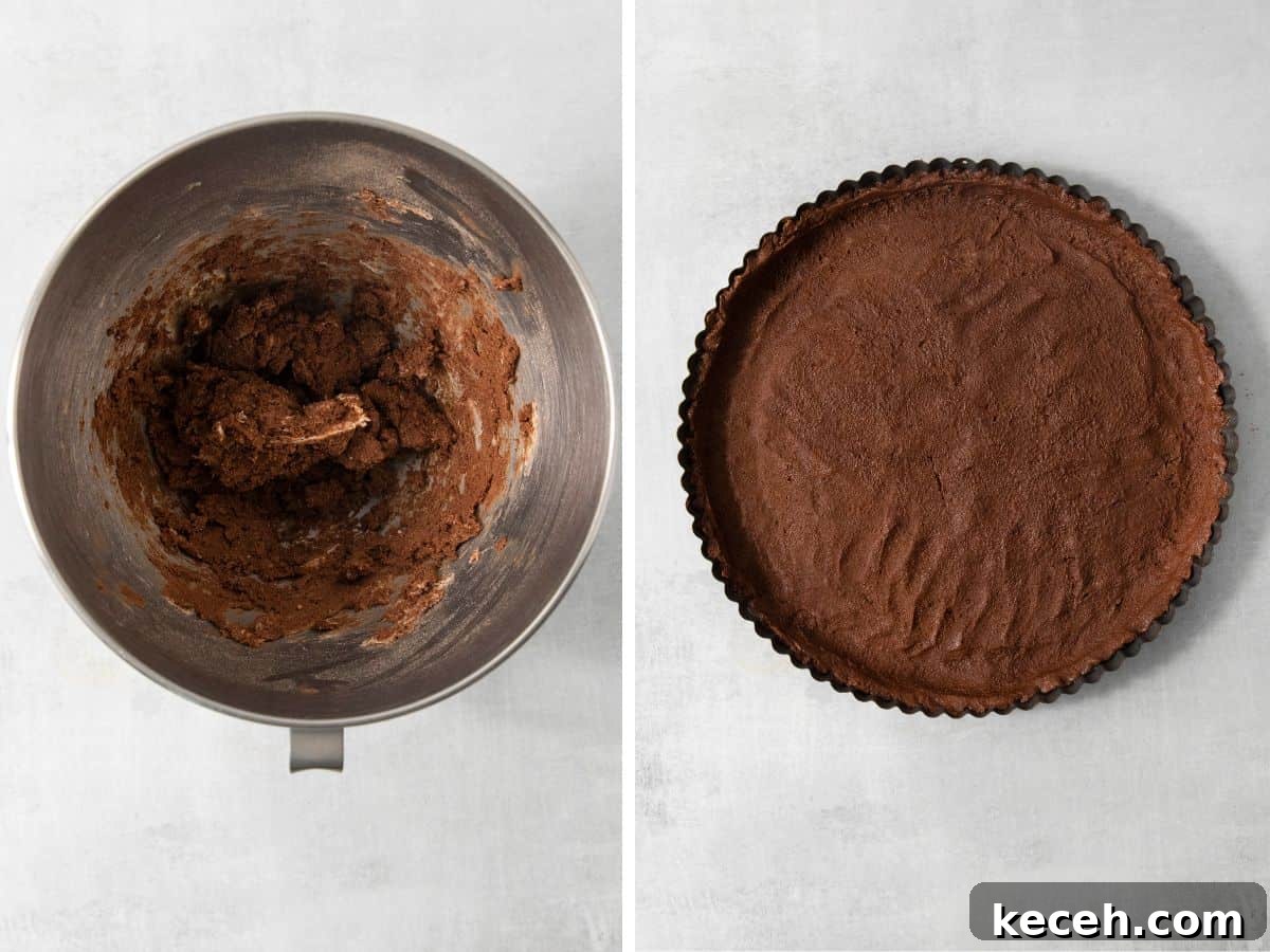 Decadent Gluten-Free Chocolate Caramel Tart Recipe 4 gluten-free chocolate caramel tart dough in a mixing bowl and dough pressed into a tart pan