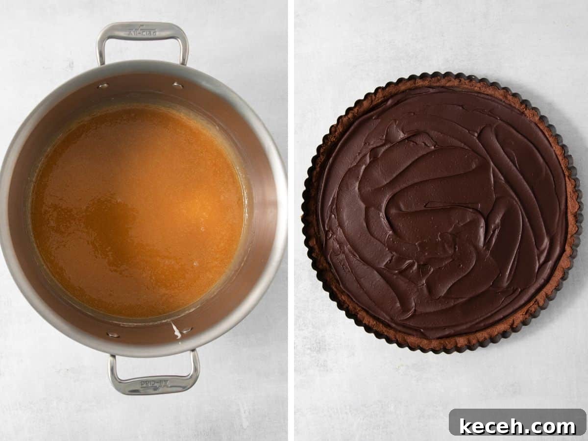 Decadent Gluten-Free Chocolate Caramel Tart Recipe 5 caramel in a pot and the assembled gluten-free chocolate caramel tart