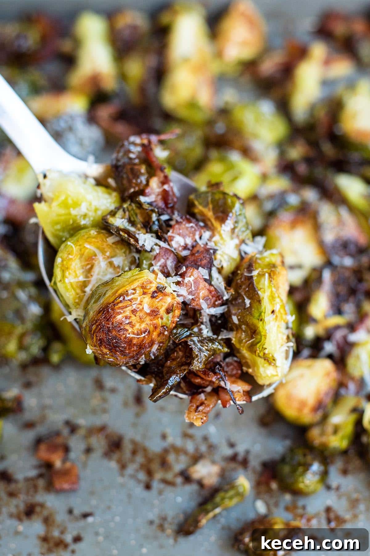 Crispy Roasted Brussels Sprouts with Bacon and Balsamic Glaze 2 A close up of a spoon holding golden crispy roasted Brussels sprouts with bacon and parmesan cheese.