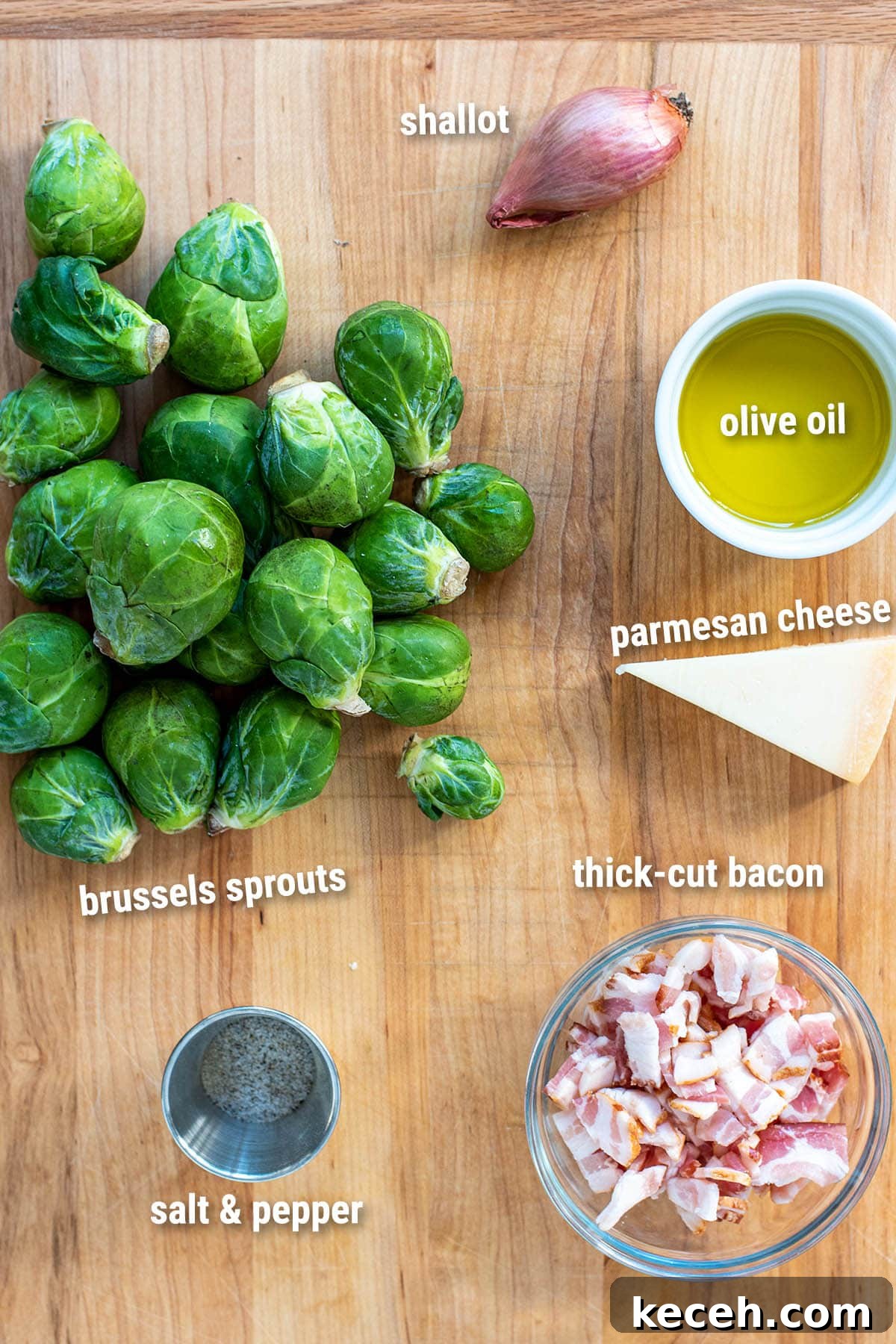 Crispy Roasted Brussels Sprouts with Bacon and Balsamic Glaze 3 Ingredients to make bacon Brussels sprouts laid out on a cutting board.