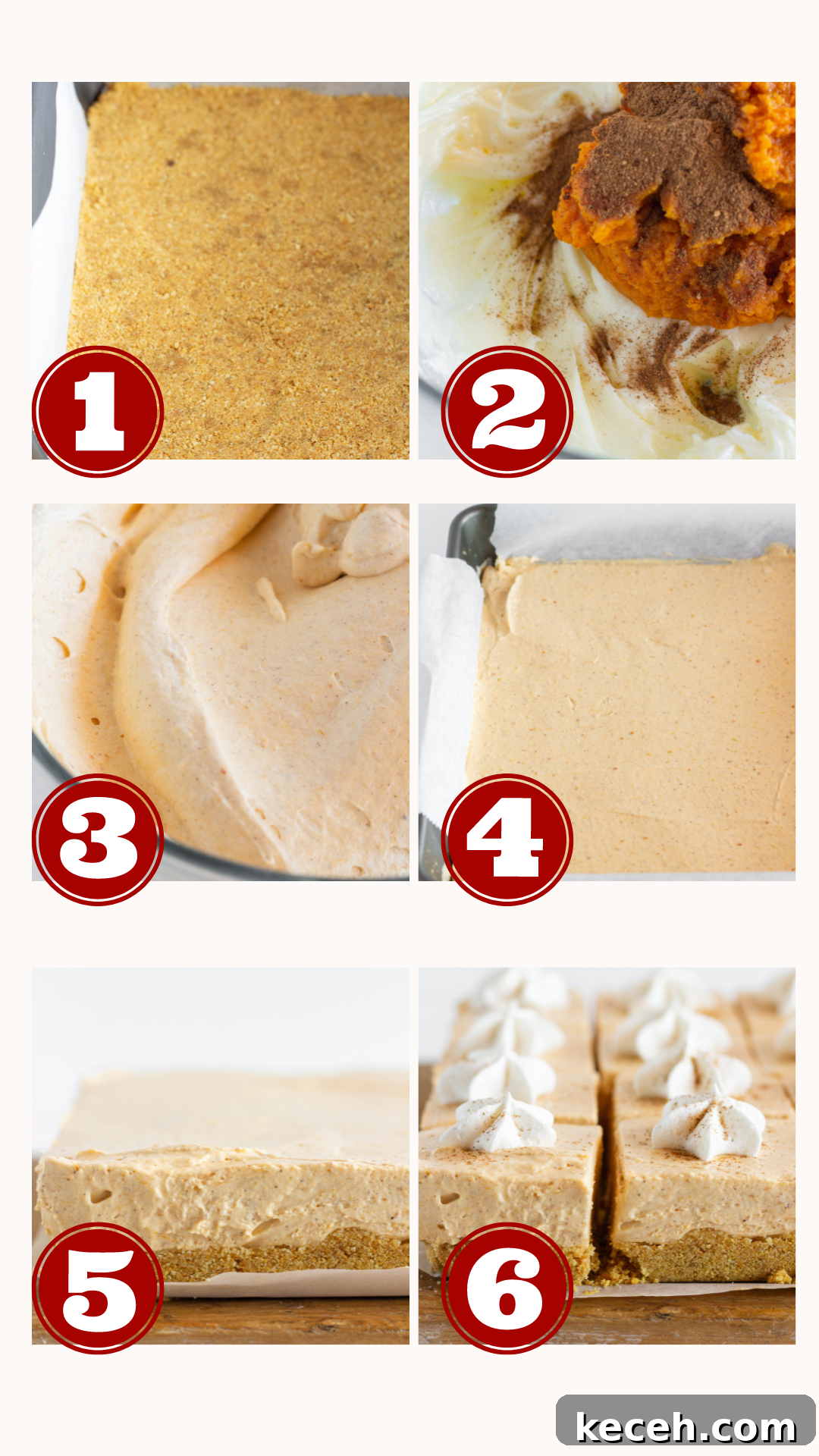 No-Bake Pumpkin Cheesecake Bars Recipe for Fall Desserts 4 Steps for making No Bake Pumpkin Cheesecake Bars, by Top US dessert blog Practically Homemade