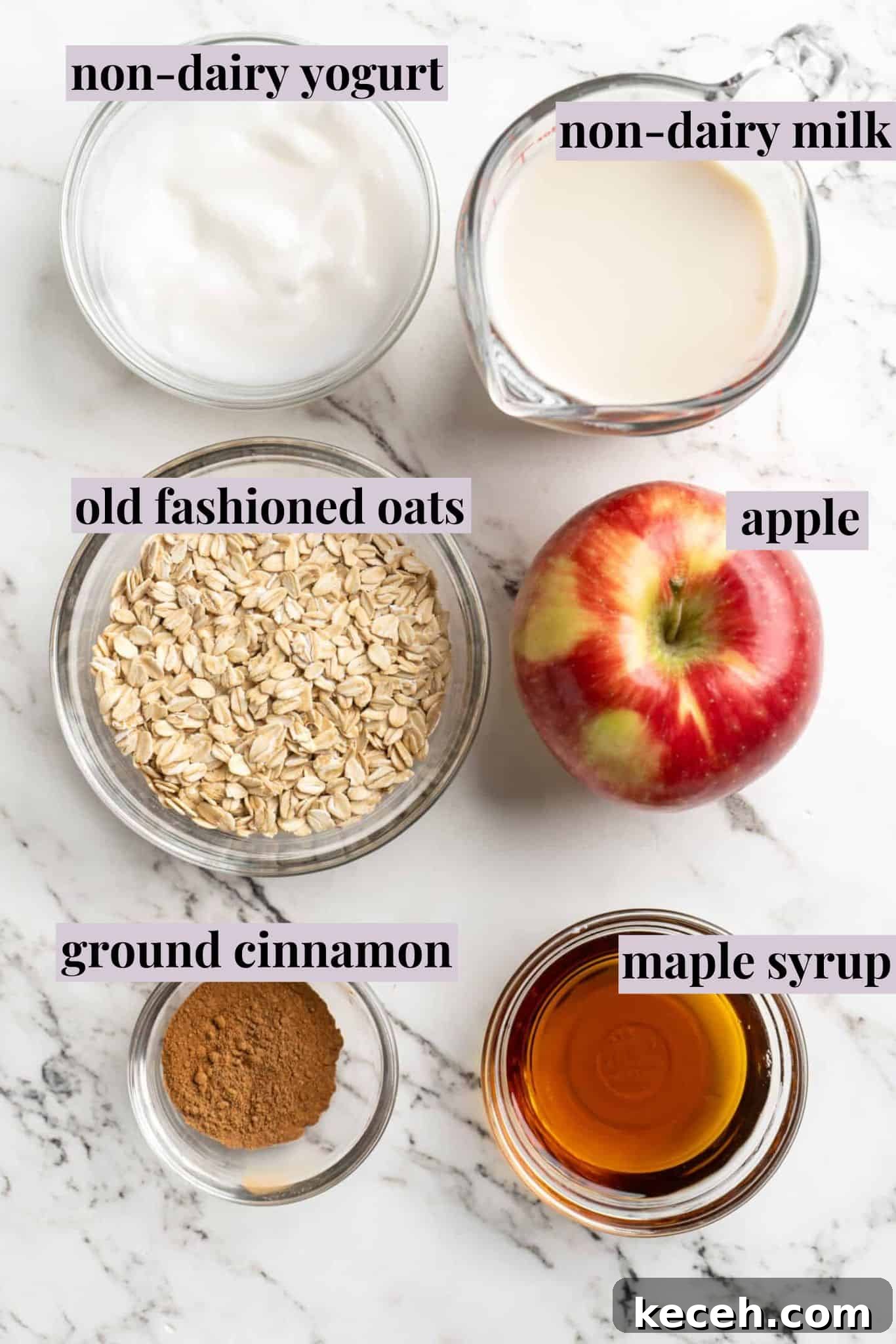 Apple pie overnight oats are packed with crisp apples, warm cinnamon, rich almond milk, and decadent maple syrup, and are an easy breakfast. ingredients for apple overnight oats