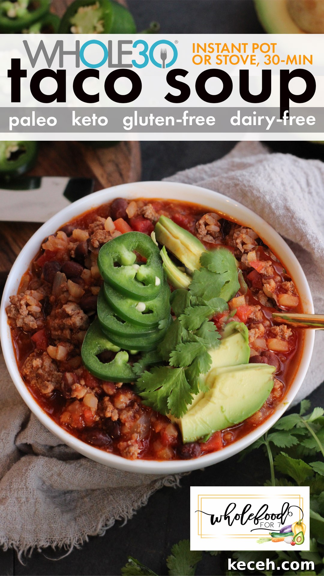 Whole30 Taco Soup Recipe — Hearty Low-Carb Dinner Idea 2 Instant Pot 30 minute Taco Soup - This fast and easy dinner has Whole30, Paleo, and Keto modifications and is a kid-favorite!
