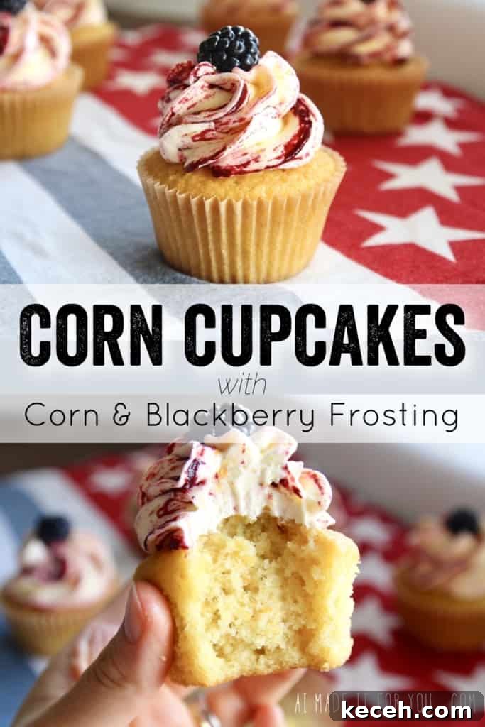 These corn cupcakes are jam packed with corn! There’s corn in the fluffy cupcakes, and corn in the silky buttercream frosting, kissed with tart and fruity blackberries!
