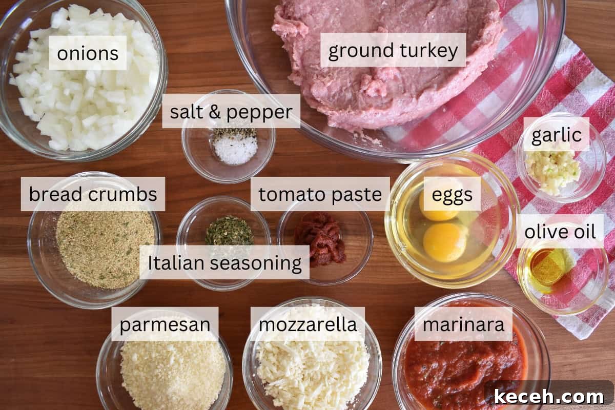 Italian-Style Turkey Meatloaf with Herbs and Parmesan 4 Ingredients for recipe including eggs, parmesan, mozzarella, and marinara.
