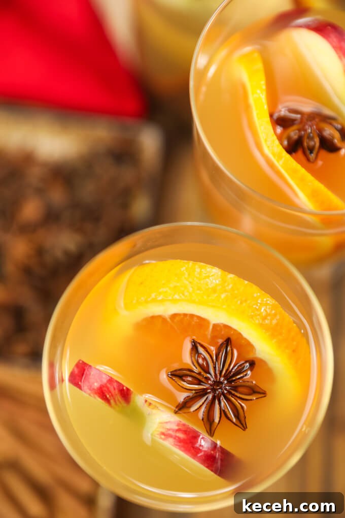 Autumn Apple Cider Sangria with Bourbon Twist 2 Two glasses of apple cider sangria with an apple and two orange slices and a star anise.