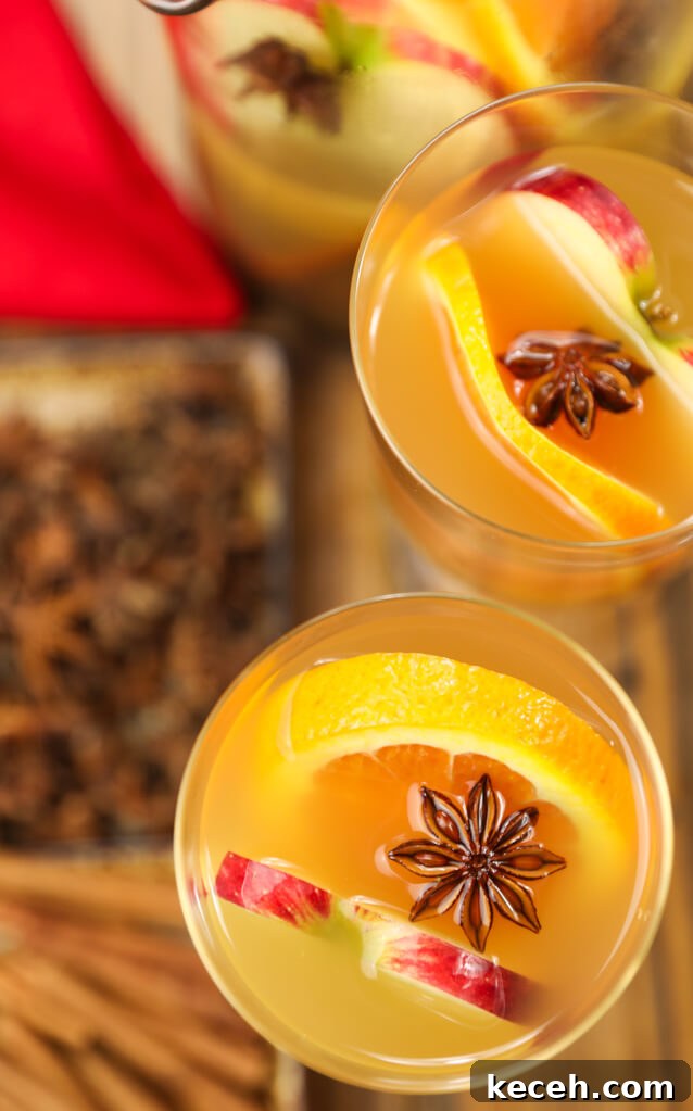 Autumn Apple Cider Sangria with Bourbon Twist 6 Two glasses of apple cider sangria with an apple and two orange slices and a star anise.