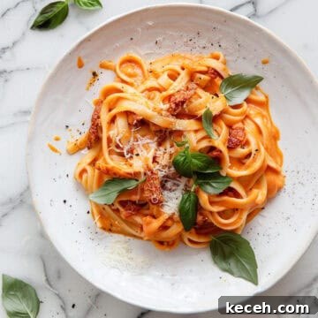 Family Meal Plan: Budget-Friendly Weekly Menu (Plan 138) 5 Sun-dried tomato pasta in a bowl with chopped basil and parmesan cheese.