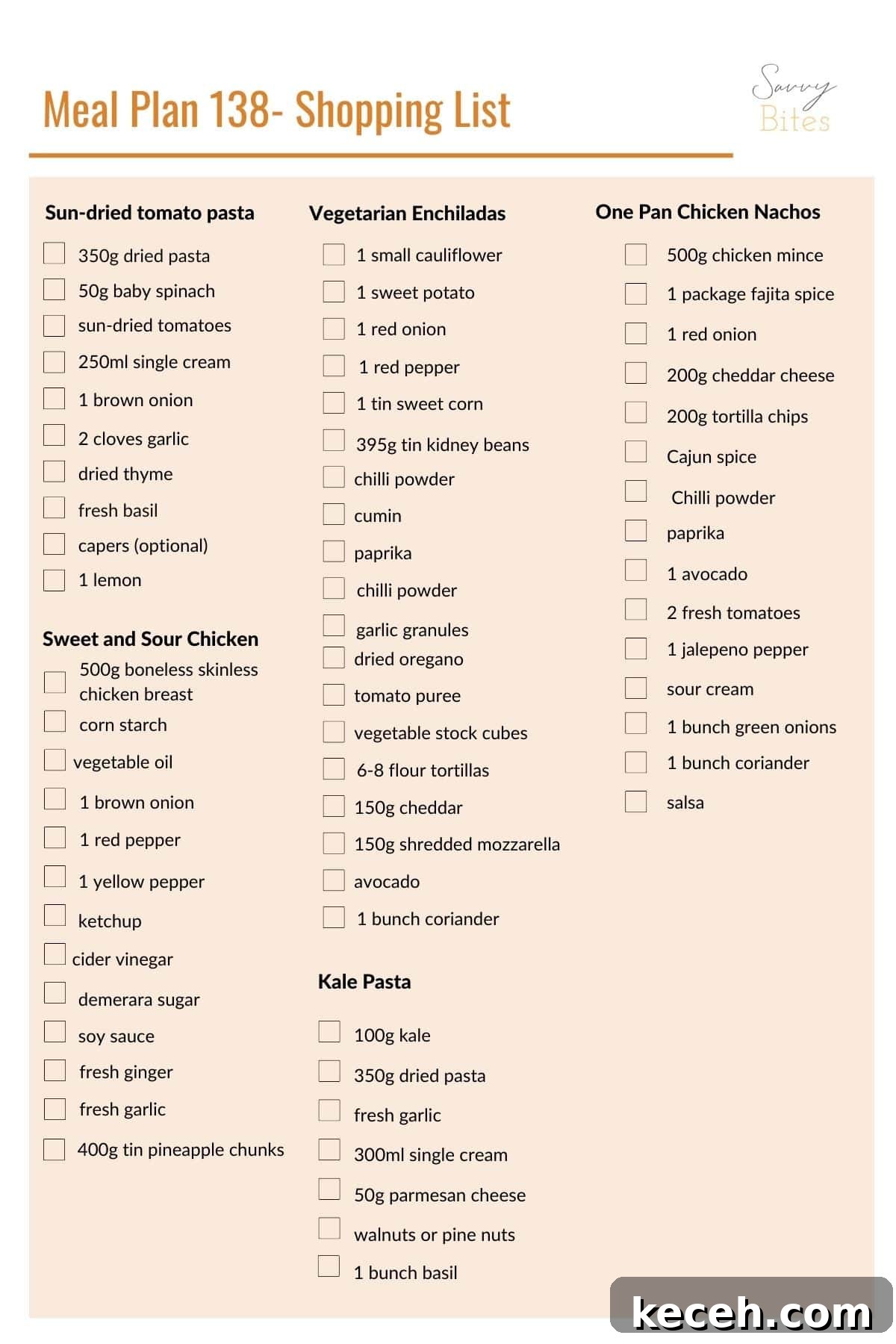 Family Meal Plan: Budget-Friendly Weekly Menu (Plan 138) 8 Meal plan printable