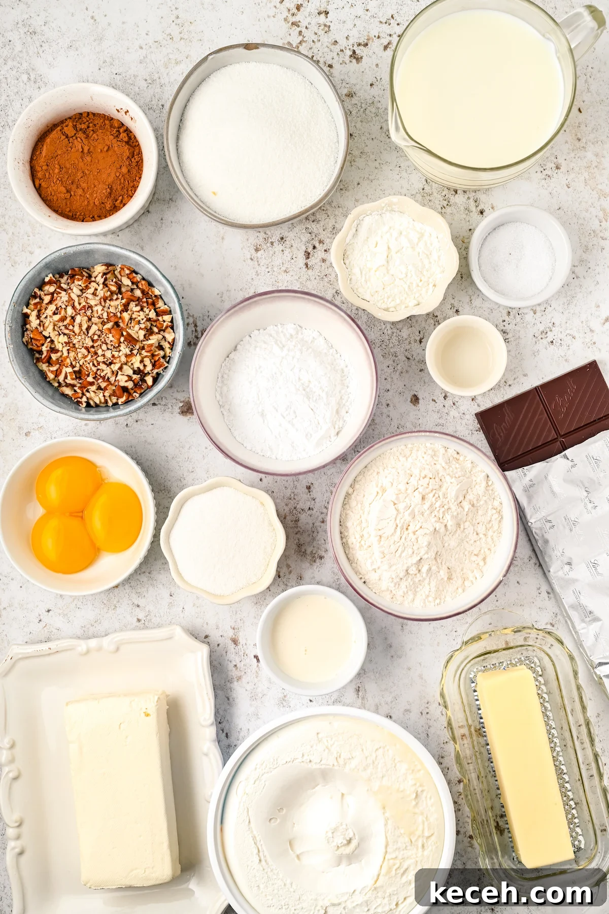 Southern Possum Pie Recipe: Classic Layered Chocolate Pudding Pie 4 All the ingredients needed to make possum pie in prep bowls.