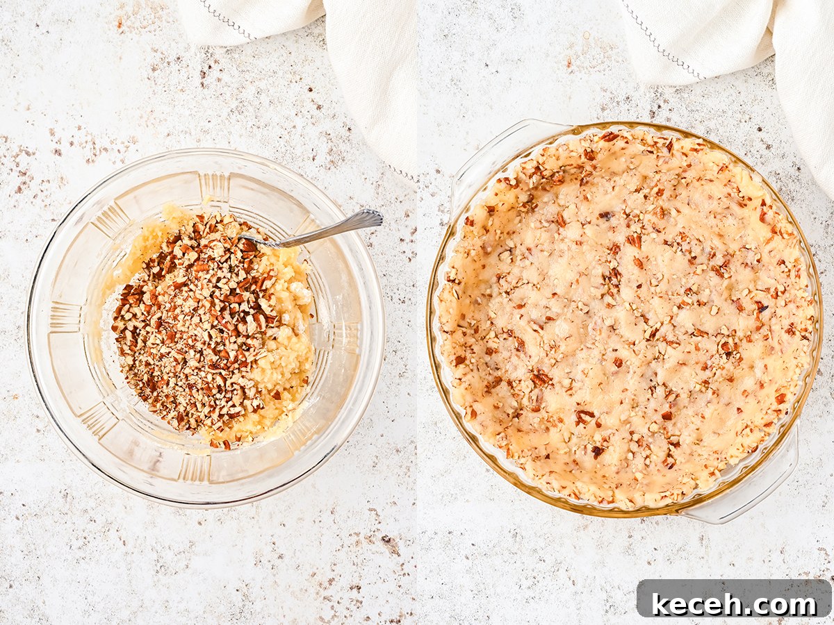 Southern Possum Pie Recipe: Classic Layered Chocolate Pudding Pie 5 A two photo collage showing the steps to make pecan shortbread crust. First photo shows ingredients mixed in bowl. Second shows the mixture pressed into a pie plate.