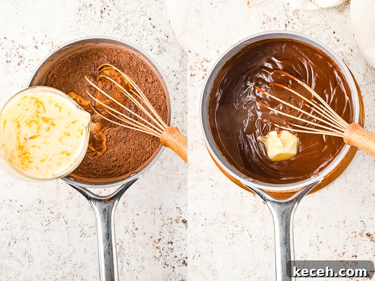 Southern Possum Pie Recipe: Classic Layered Chocolate Pudding Pie 7 A two photo collage showing how to make this chocolate pudding layer in possum pie. First photo shows egg mixture being poured into cocoa mixture in sauce pan, second photo shows butter being whisked into the pudding.