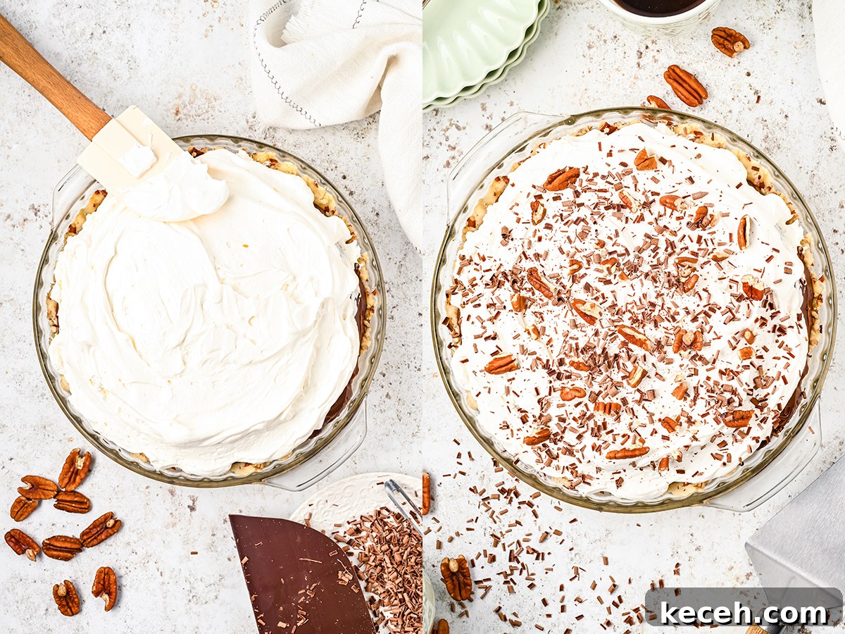 Southern Possum Pie Recipe: Classic Layered Chocolate Pudding Pie 8 A two photo collage showing Cool Whip being spread on top of a possum pie and then chopped pecans and chocolate shavings on top of the whipped topping.