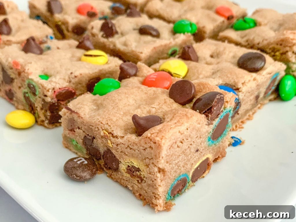 Peanut Butter Cookie Bars with M&M's: Chewy Chocolate Candy Bars 6 This shows the how soft and chewy the M&M Peanut Butter Cookie Bars are.