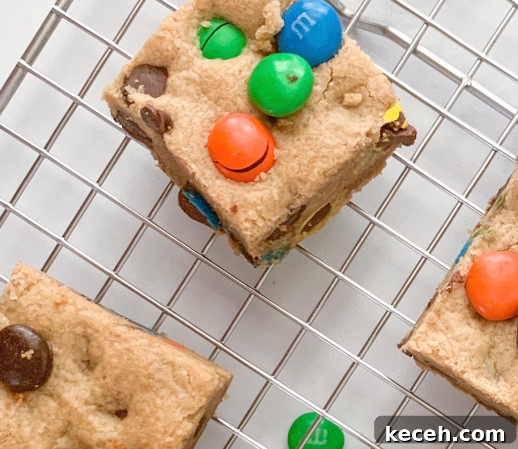 Peanut Butter Cookie Bars with M&M's: Chewy Chocolate Candy Bars 8 An up close look at the Peanut Butter Chocolate Chip M&M Cookie Bars.