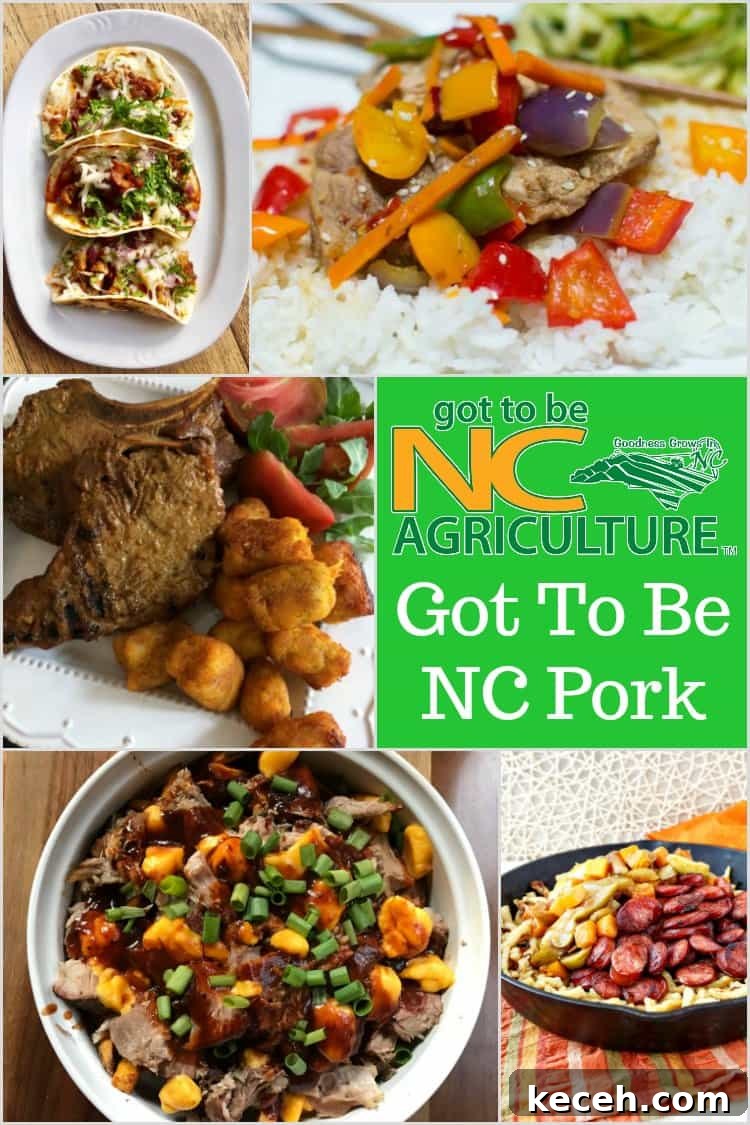 A collage up of 5 delicious pork recipes featuring North Carolina pork. Text reads: "got to be NC Agriculture Got to be NC Pork".