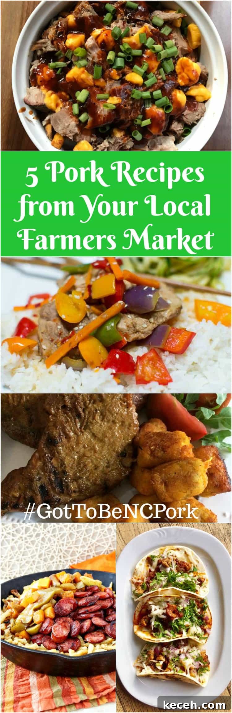 Collage of photos with text reading: "5 pork recipes from your local famers market".