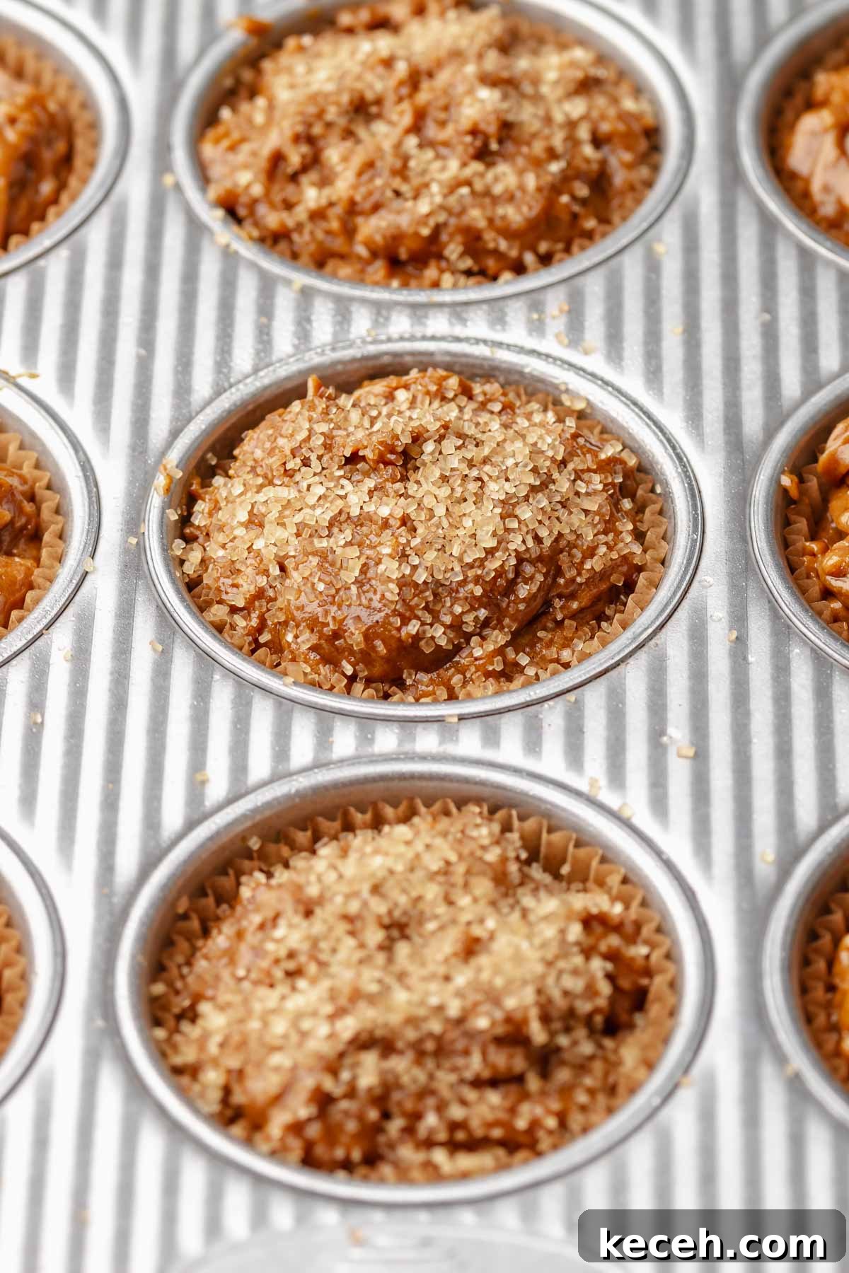 Gingerbread muffin batter topped with coarse sugar.