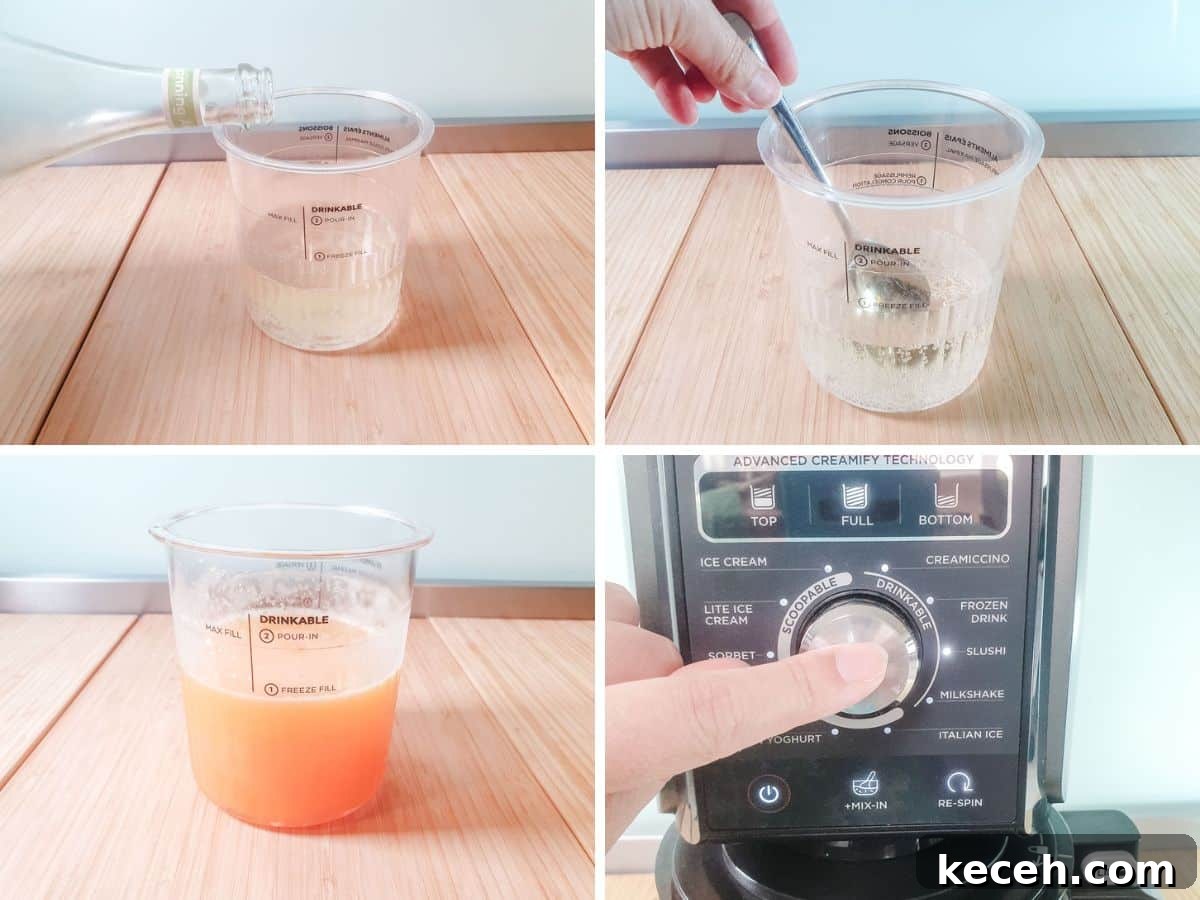 Mimosa Slushie Recipe: Sparkling Brunch Cocktail Guide 4 Process shots: flattening prosecco, adding orange juice, spinning on slushy.