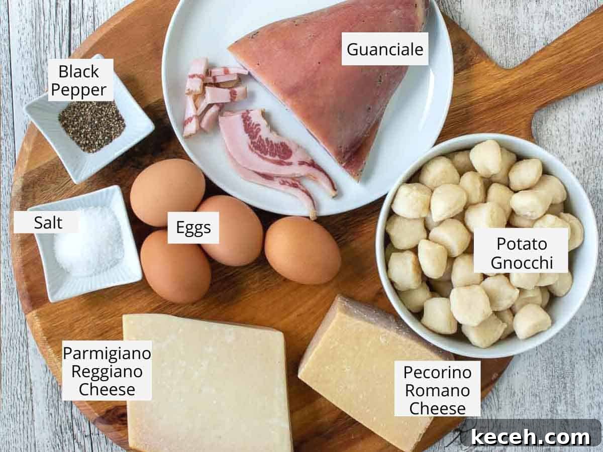 Ingredients for this carbonara recipe viewed from above.