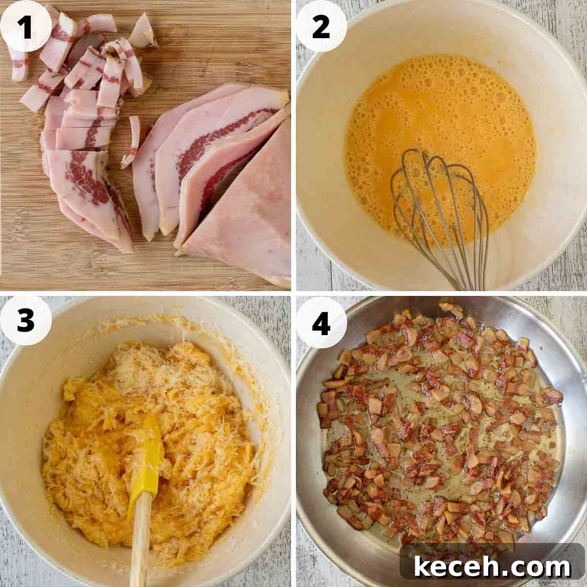 Four step process showing how to make carbonara sauce.