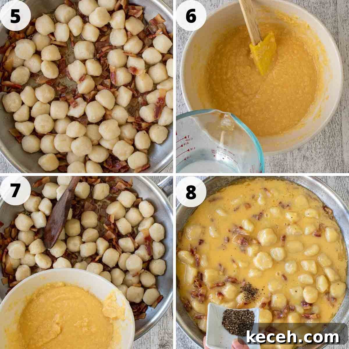 Collage showing steps 5 through 8 in making and assembling the recipe. 
