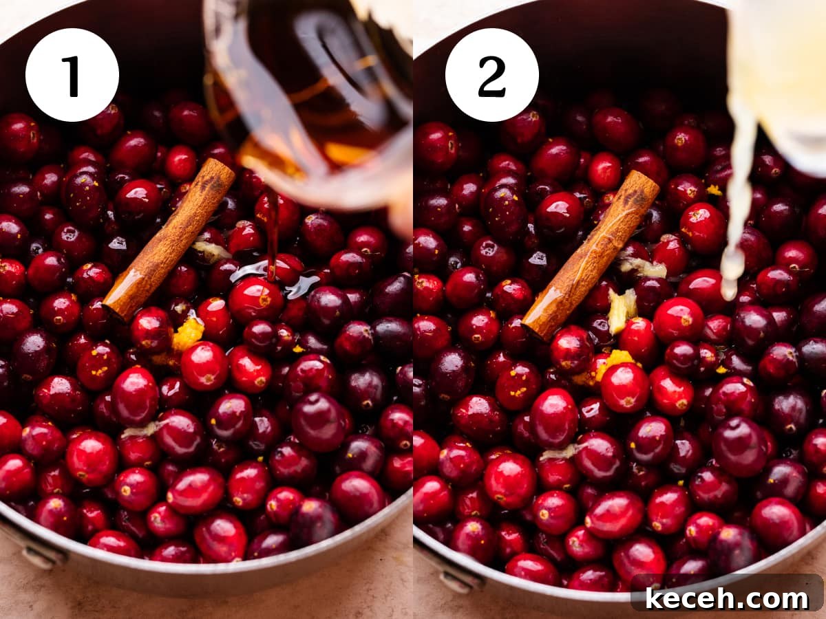 Cranberry Orange Sauce Recipe for Holiday Tables 4 Two photos in a collage showing steps one and two for making cranberry orange sauce. The first and second image are ingredients being poured into a pot with cranberries.