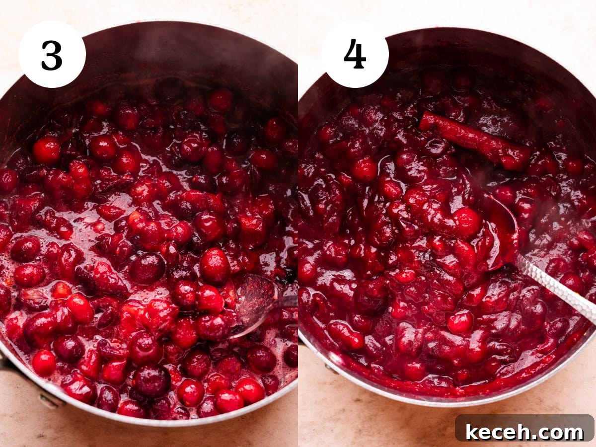 Cranberry Orange Sauce Recipe for Holiday Tables 5 Two images showing steps three and four in how to make cranberry sauce. The third step is the cranberries popping in a pot, the fourth step and image is a pot of cranberries thickening in a pot.