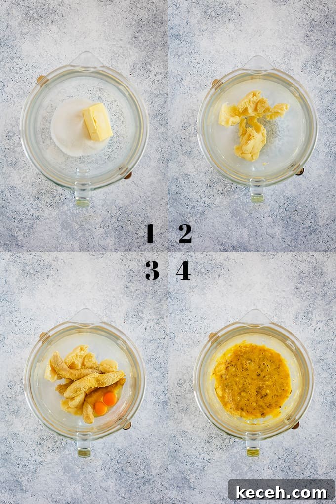 How to make Blueberry Walnut Banana Bread, steps 1-4.