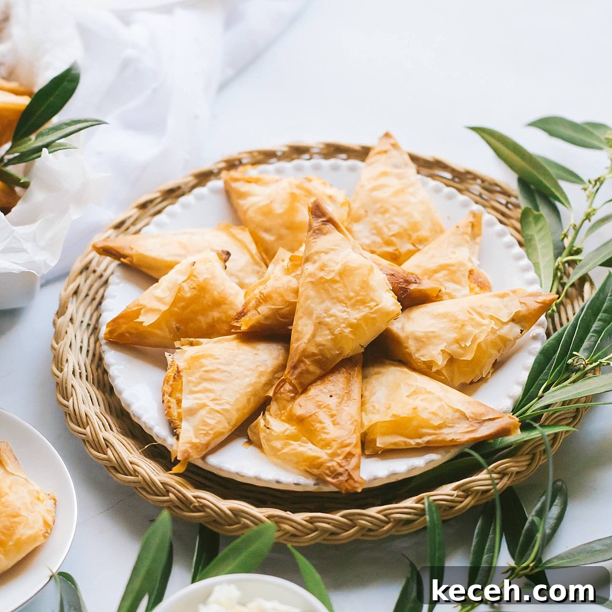 plate of golden crispy tiropitas on grecian scene with olive greenery