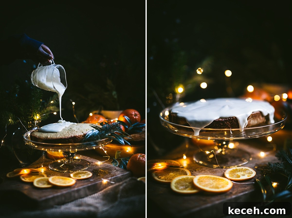 Vasilopita (Greek New Year Cake) — Slow Cooker or Oven Recipe 5 Side-by-side shots, one shows a hand pouring orange glaze onto Vasilopita and the other showing the glaze covering the cake.