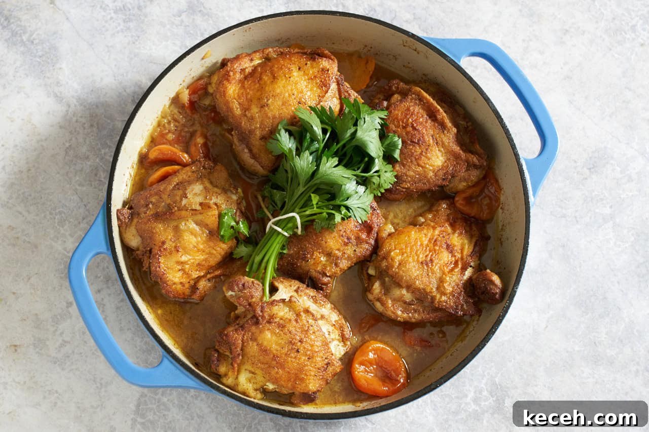 Skillet Chicken Tagine with Apricots and Warm Spices 8 Cooked chicken in an apricot sauce in a skillet, a bundle of fresh parsley and cilantro is on top of the chicken.