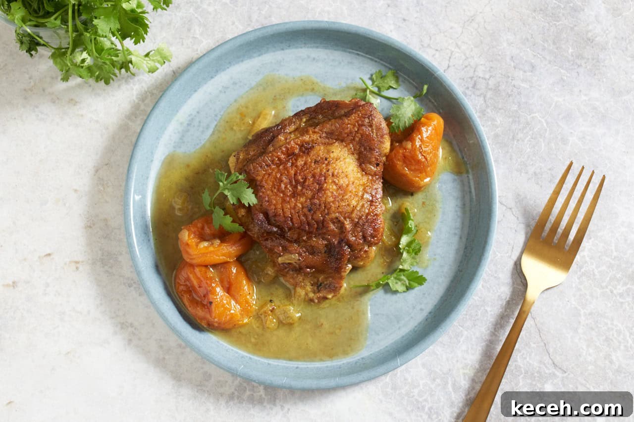 Skillet Chicken Tagine with Apricots and Warm Spices 9 Chicken tagine with apricots and sauce garnished with cilantro on a blue plate, a gold fork is on the right.