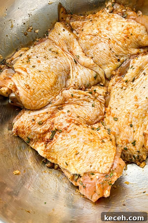 Herb-Roasted Chicken with Warm Citrus and Olive Salsa 3 Chicken thighs marinating with garlic, spices and fresh herbs