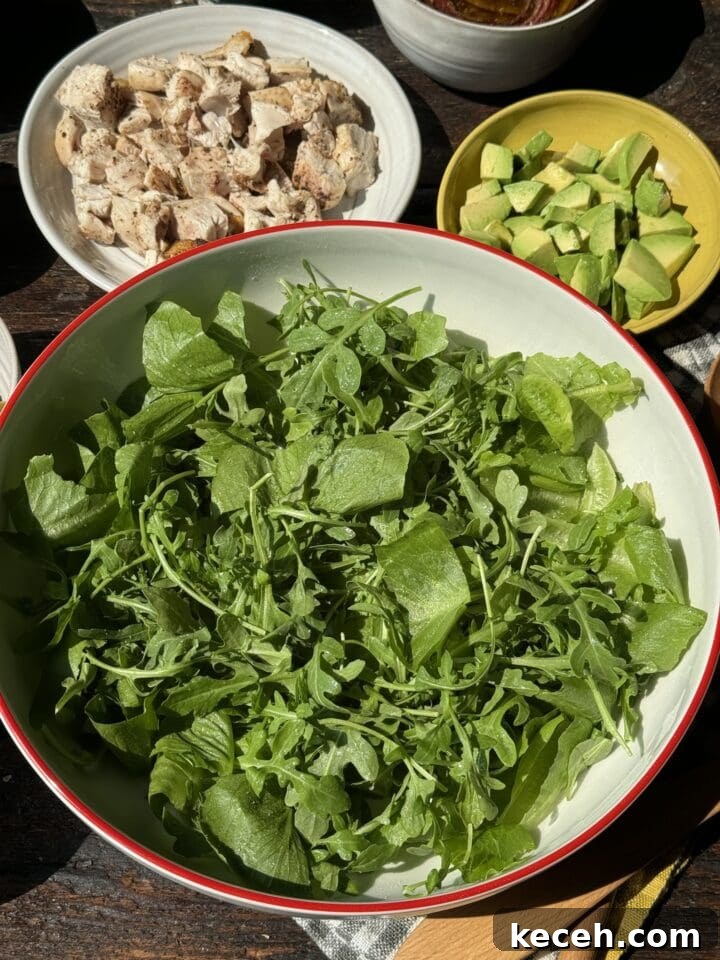Fresh Arugula Salad with Avocado and Diced Chicken - Healthy, protein-rich meal featuring fresh greens.