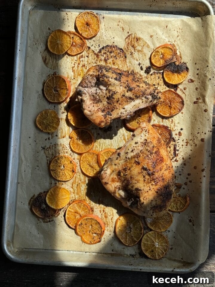 Juicy roasted chicken with citrus slices on baking sheet - gluten-free, healthy recipe, no crumbs left.