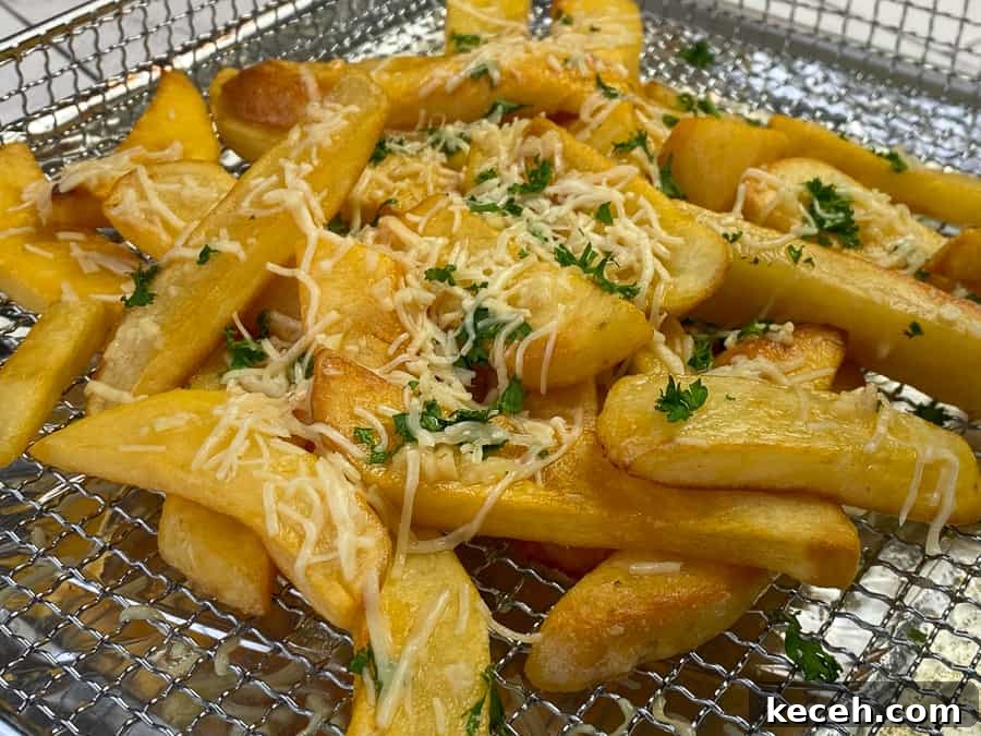 Air fried loaded French fries with parsley, Parmesan cheese and garlic