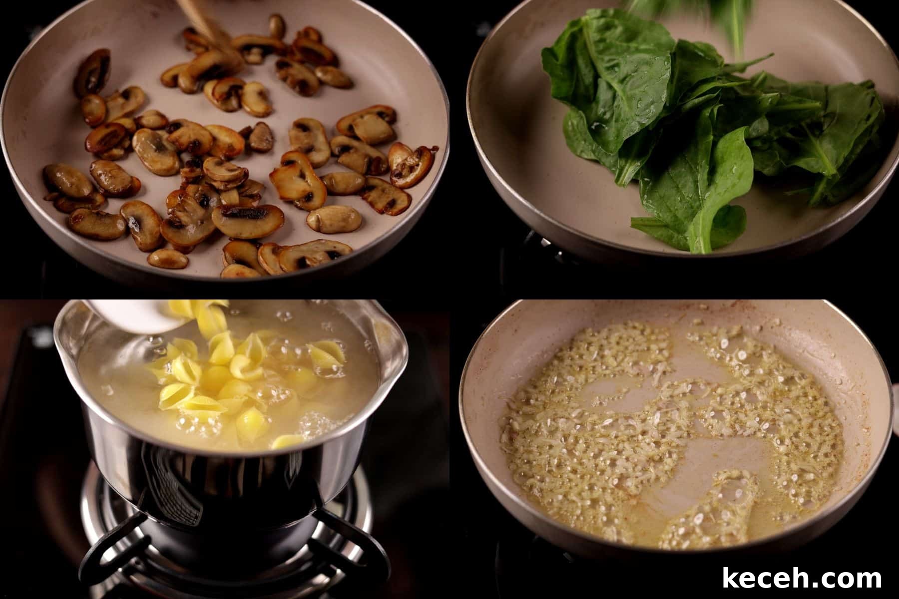 Creamy Mushroom & Spinach Pasta Recipe for Weeknight Dinners 4 Four-step collage showing: searing mushrooms, wilting spinach, boiling pasta, and sautéing onion and garlic.