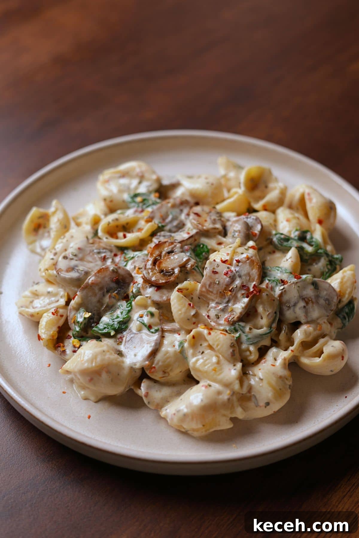 Creamy Mushroom & Spinach Pasta Recipe for Weeknight Dinners 5 Creamy mushroom and spinach pasta served on a plate, topped with chili flakes.