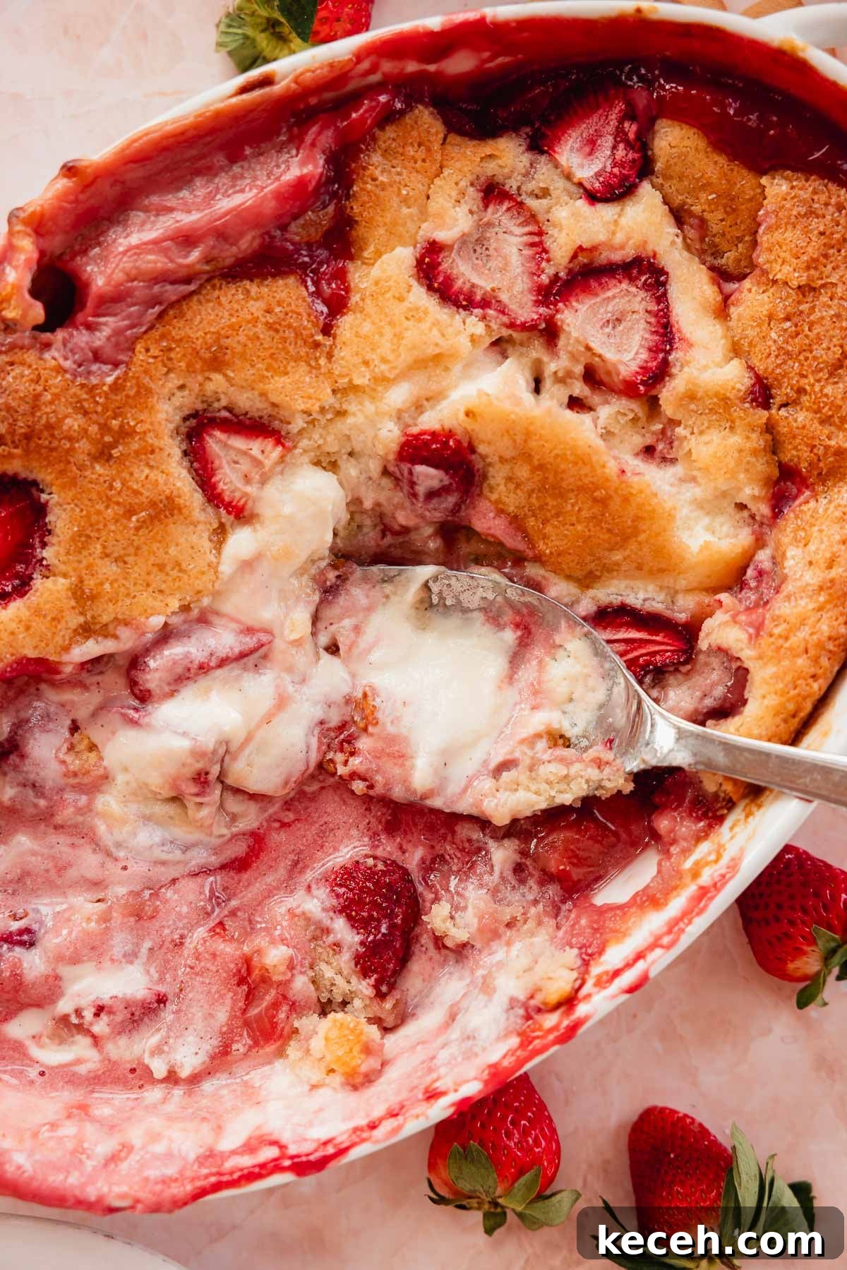 Cream Cheese Strawberry Cobbler Recipe — Sweet Rustic Dessert 13 closeup of strawberry and cheesecake filling with cobbler topping