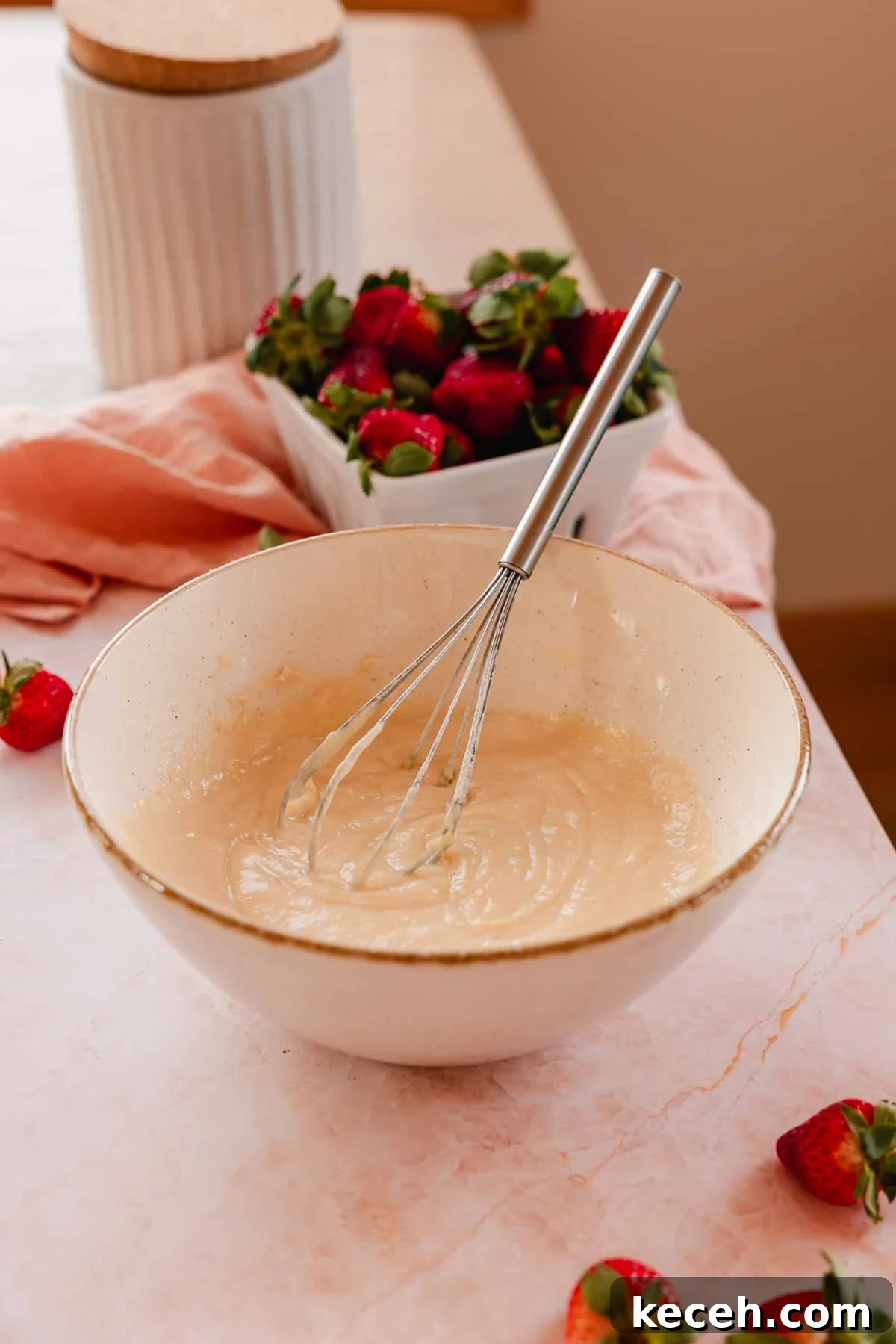 Cream Cheese Strawberry Cobbler Recipe — Sweet Rustic Dessert 4 strawberry cobbler batter in a bowl with a whisk