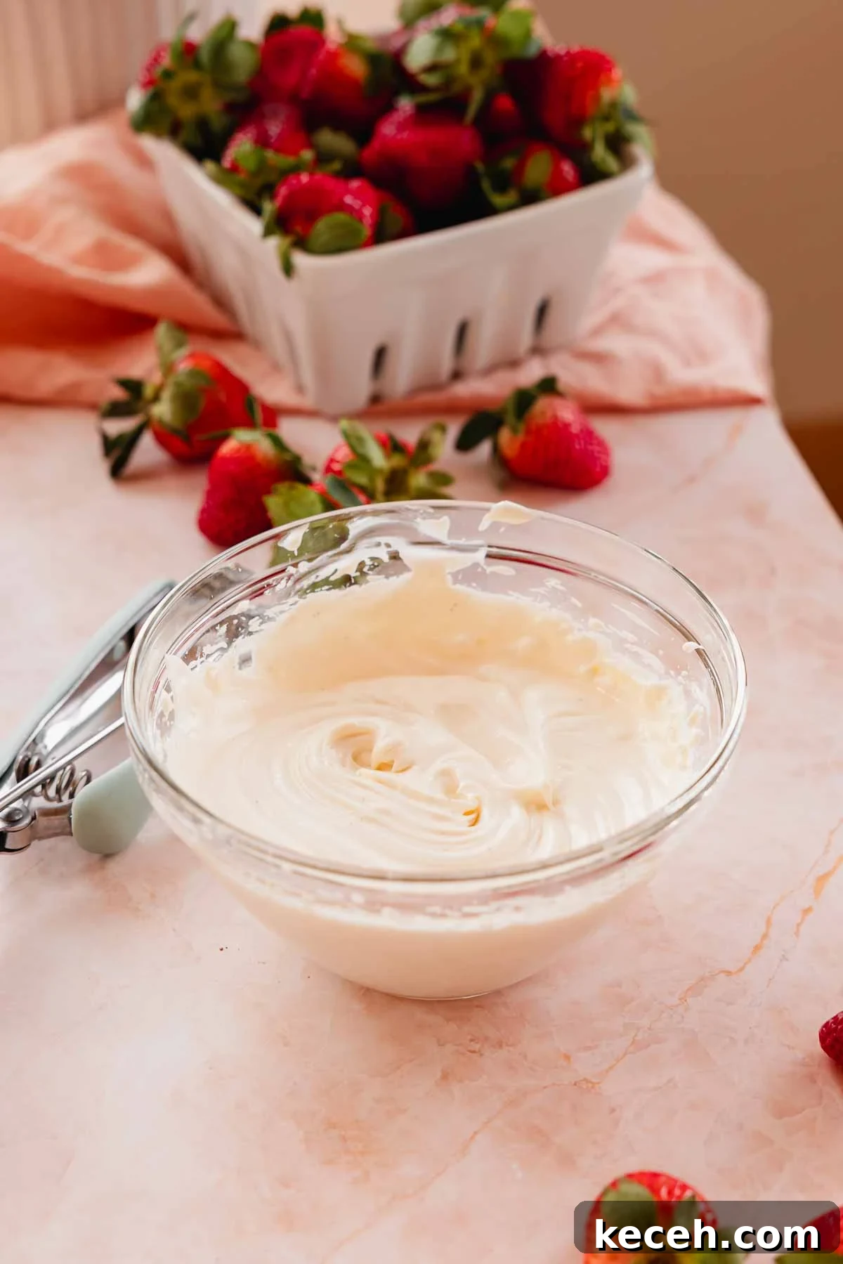 Cream Cheese Strawberry Cobbler Recipe — Sweet Rustic Dessert 5 cobbler cheesecake filling in glass bowl