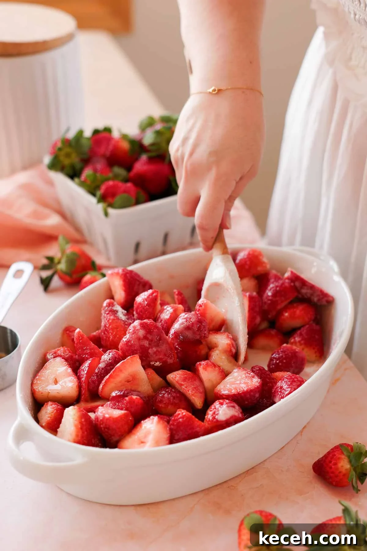 Cream Cheese Strawberry Cobbler Recipe — Sweet Rustic Dessert 6 mixing fresh strawberry halves with sugar and cornstarch