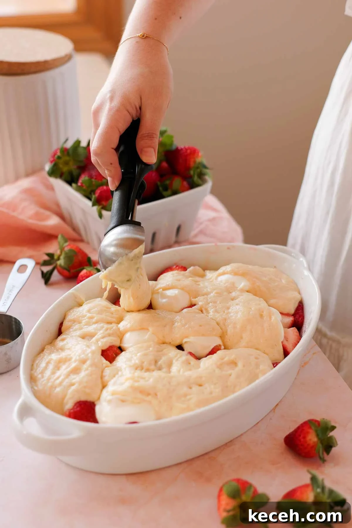 Cream Cheese Strawberry Cobbler Recipe — Sweet Rustic Dessert 8 scooping cobbler batter on strawberry cobbler