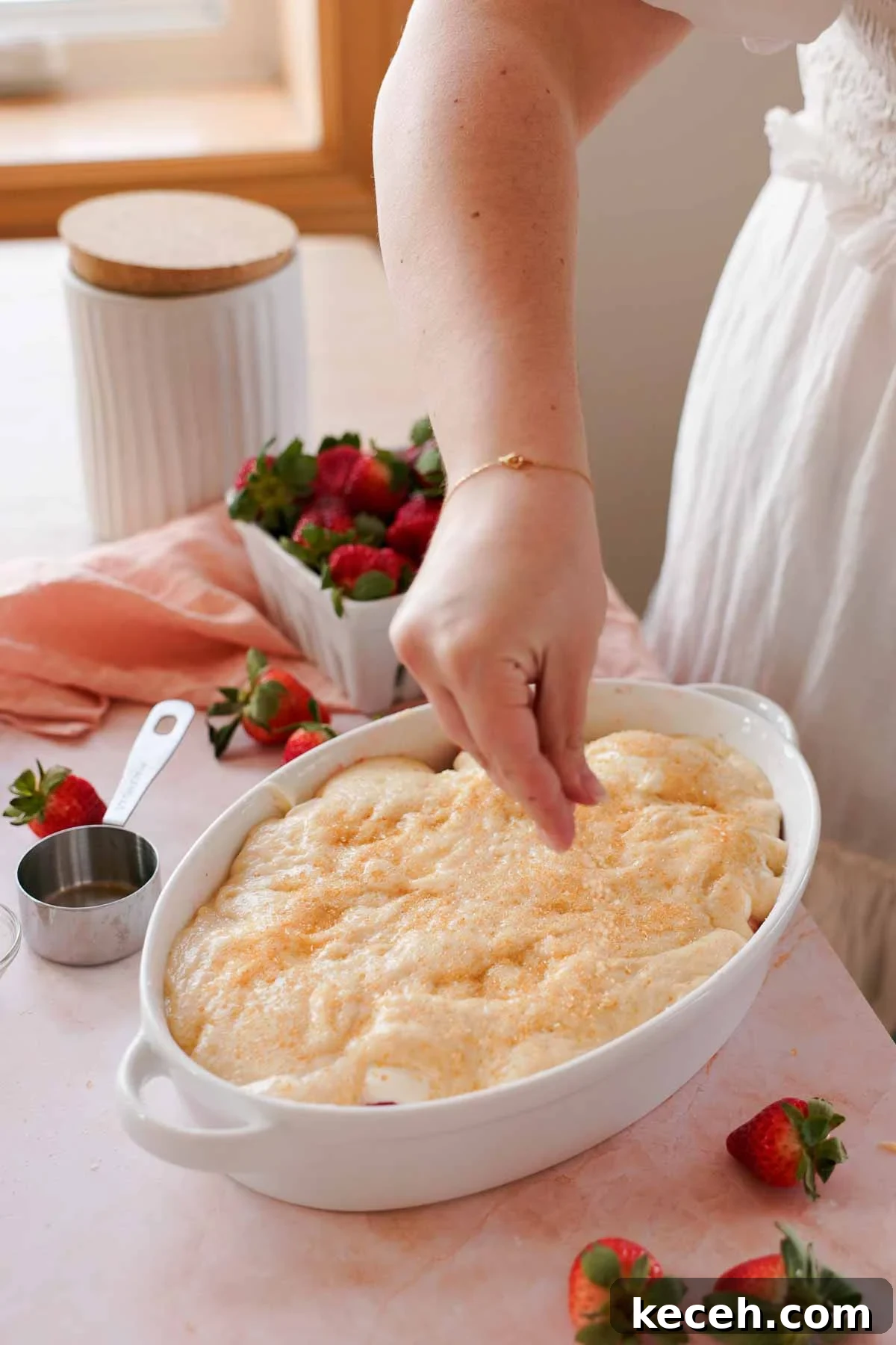 Cream Cheese Strawberry Cobbler Recipe — Sweet Rustic Dessert 9 sprinkling coarse sugar on strawberry cobbler