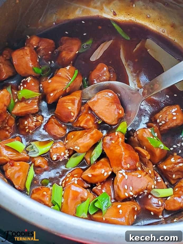 Instant Pot Teriyaki Chicken Recipe: Tender, Savory & Fast 8 Teriyaki chicken in instant pot with a ladle and garnished with white sesame seeds and scallions