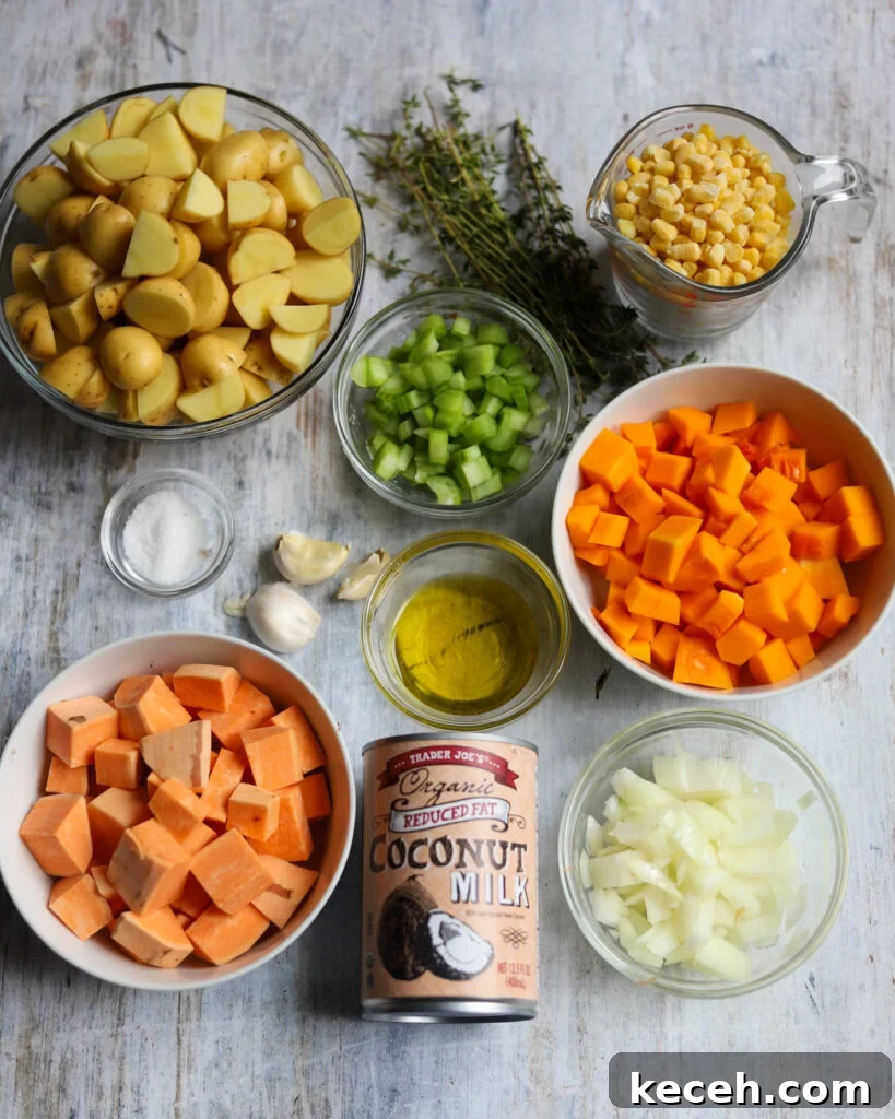 Autumn Vegan Corn Chowder with Butternut and Sweet Potato 3 Overhead view of ingredients for Vegan Corn Chowder.