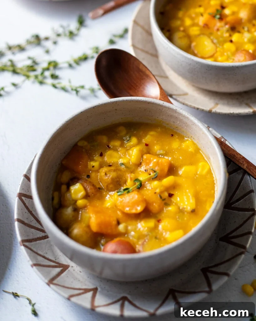 Autumn Vegan Corn Chowder with Butternut and Sweet Potato 4 Bowl of Vegan Corn Chowder with sweet potatoes and butternut squash