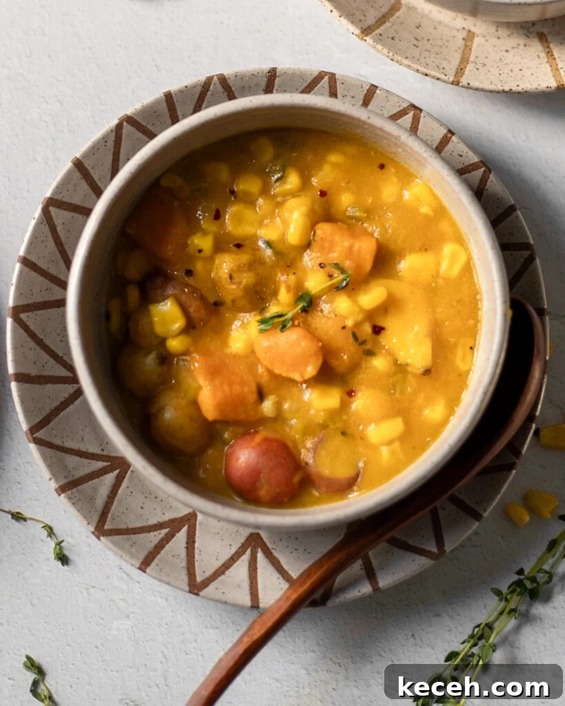 Autumn Vegan Corn Chowder with Butternut and Sweet Potato 5 Close up view of Vegan Corn Chowder in a bowl